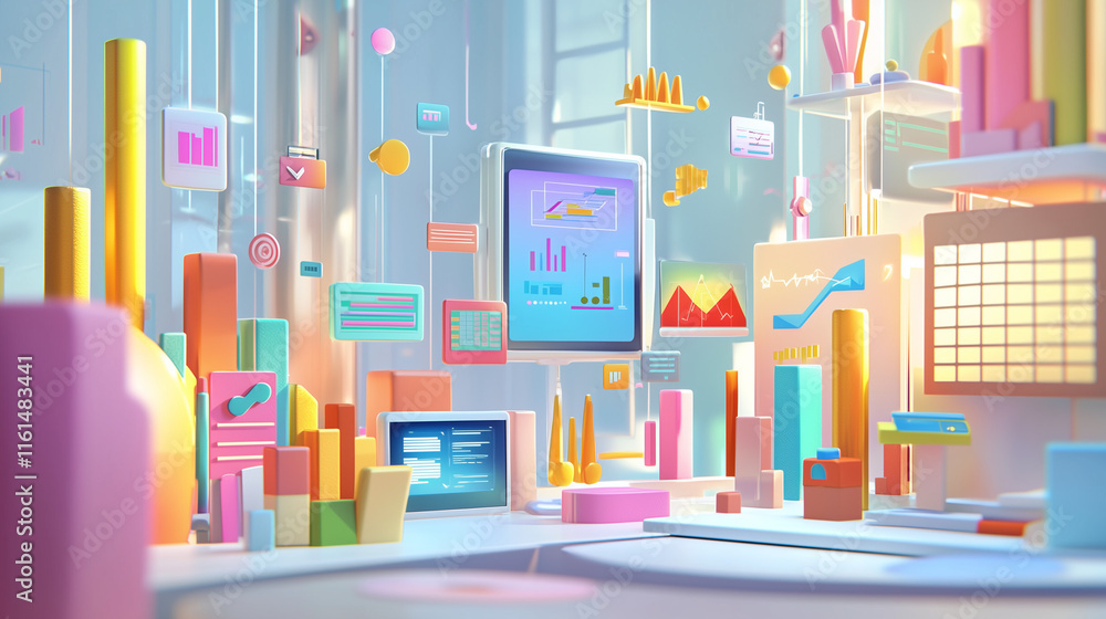 Poster a vibrant 3d illustration showcasing colorful charts, graphs, and data visualizations floating aroun
