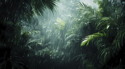 Dense foliage in the midst of a torrential downpour, jungle, heavy rainfall. Cloudburst. Illustration