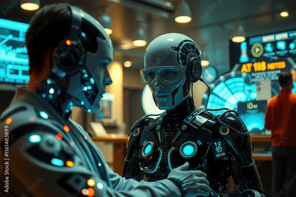 Poster two humanoid robots interact in futuristic control room, surrounded by glowing screens and advanced 