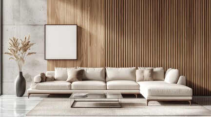 A living room with a white couch and a glass coffee table. A vase with flowers sits on the table