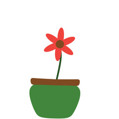 A vibrant and illustration of a red flower with six petals in a green pot. The flower's brown center and green stem make it perfect for nature, decor, and botanical themes