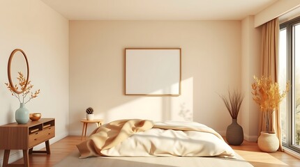 Modern Minimalist Bedroom Interior Design Mockup: A serene and inviting bedroom mockup with a clean, modern aesthetic. Featuring a plush bed, a large framed canvas.