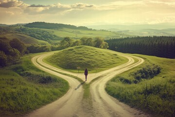 Person standing at crossroads in lush countryside. decision-making and life choices
