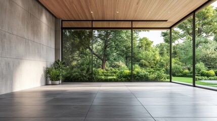 A large room with a lot of windows and a concrete floor. There are potted plants in the room