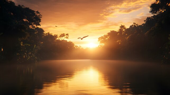 Serene sunset over a tranquil river in a lush rainforest. A bird soars through the golden sky, creating a breathtaking natural scene. Mist hangs low over the water, adding to the magical ambiance. - Powered by Adobe