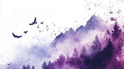 A beautiful fantasy landscape on a white background. Mountains, trees, fog. Watercolor painting. Abstract intricate splashes of paint on a white background.