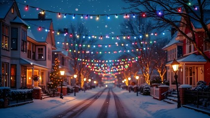 Fototapeta premium Magical Christmas Eve, Multicolored Lights & Snowfall on a Quaint Suburban Street