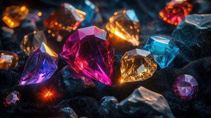 A cluster of vibrant gems scattered on a black velvet surface, glistening under soft light.