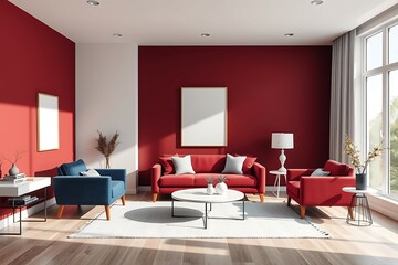 Modern Red Living Room Interior: An inviting and stylish living room with a red accent wall, plush furniture, and ample natural light.