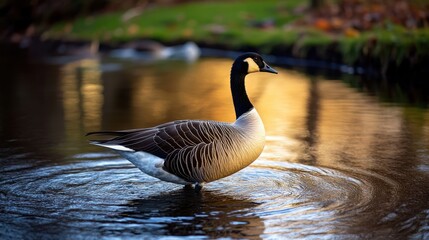 Obraz premium A curious goose waddling near a tranquil pond, reflecting sunlight on the waterâ€™s surface.