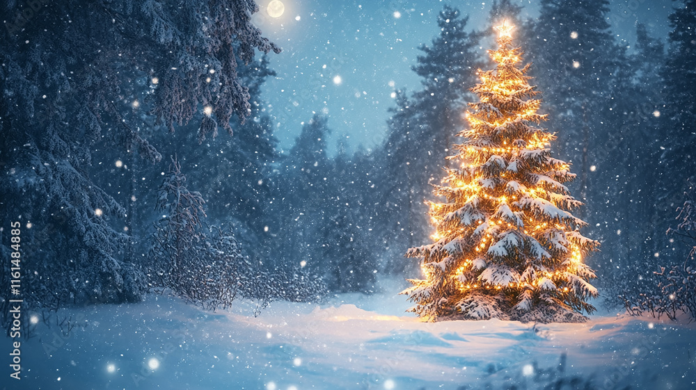Poster a christmas tree in a snowy forest illuminated by glowing string lights, with soft snowfall and moon
