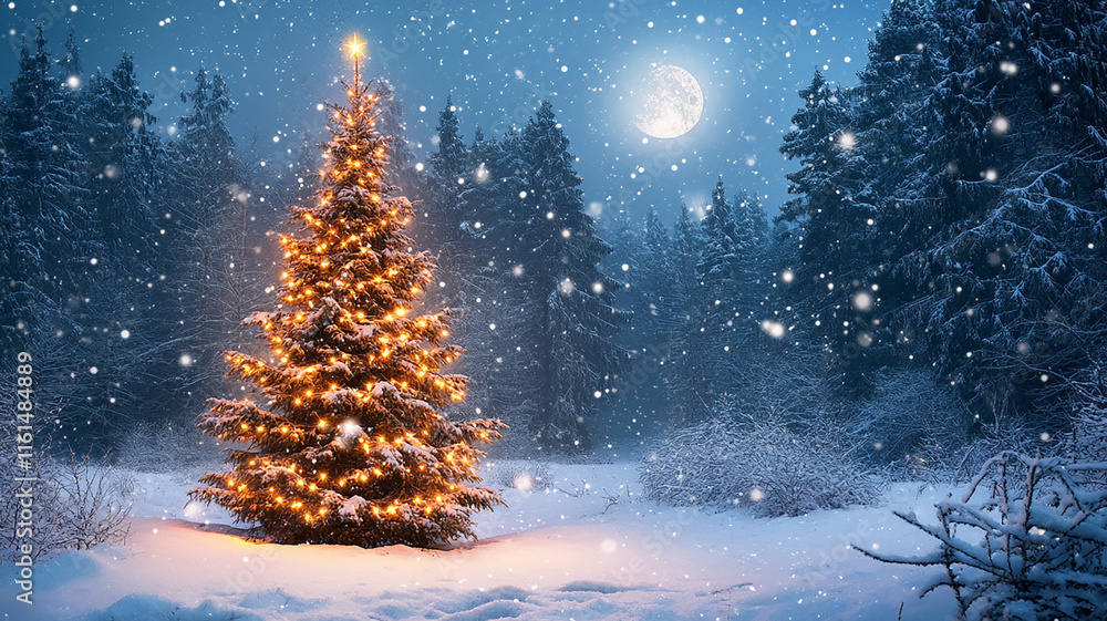 Poster a christmas tree in a snowy forest illuminated by glowing string lights, with soft snowfall and moon