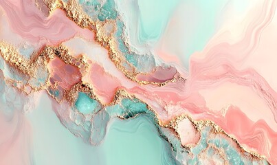 Abstract pastel pink, teal, and gold marble texture.