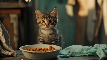 A kitten sits by a bowl of food.