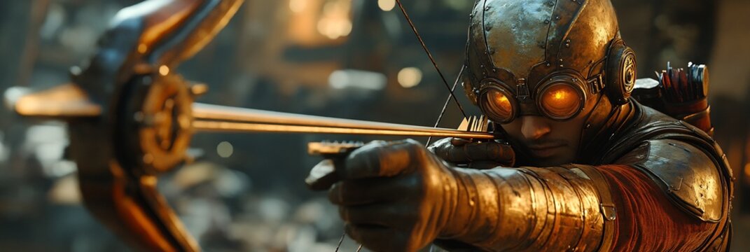 Steampunk archer with a crossbow featuring stylish engravings aiming at a vintage target
