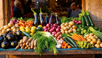 fresh vegetables eggplants, zucchini, potatoes, carrots, onions at the market Israel, sunny day