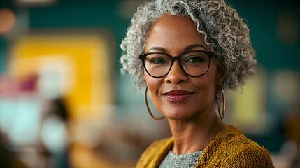Portrait of mature African American woman in relaxed atmosphere. Sophisticated professional, empowerment, thoughtful friendly expression