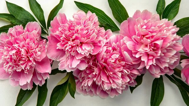 Beautiful arrangement of pink peonies with vibrant green leaves on a white background in a floral display