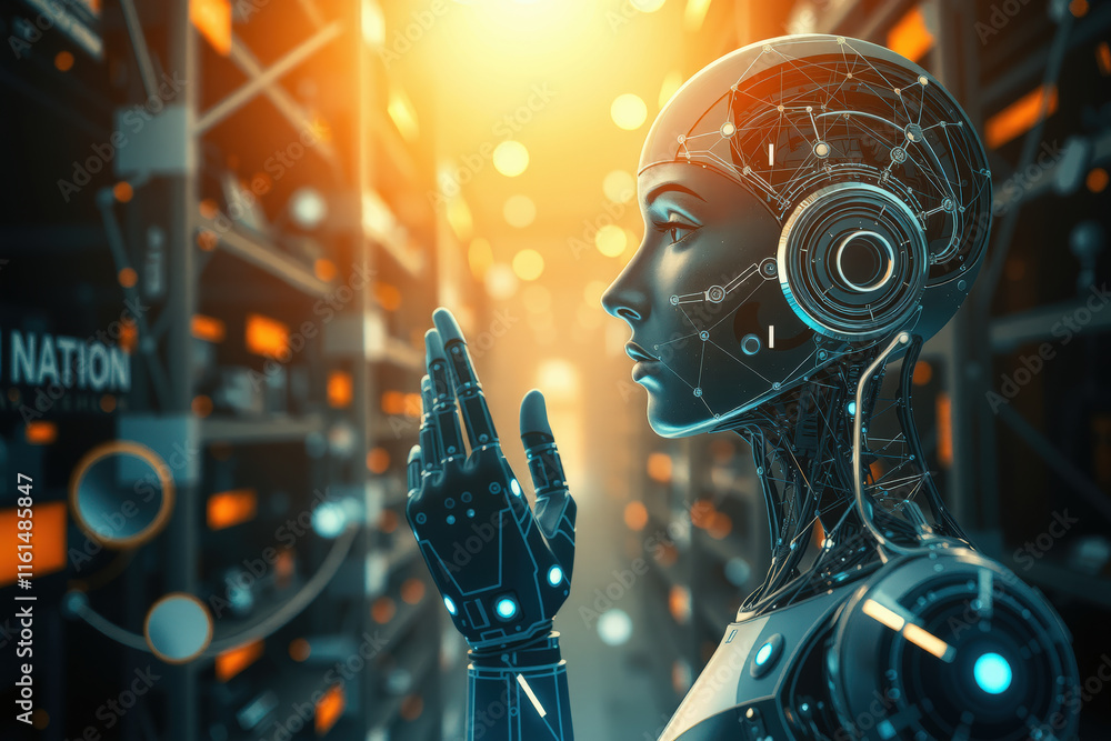 Poster futuristic robot with digital interface stands glowing data center, symbolizing advanced artificial 