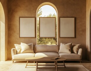 A living room with a couch, a coffee table, and three empty picture frames. The couch is white and the coffee table is wooden