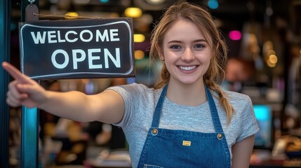 Smiling store employee welcoming customers with an open sign at the entrance.