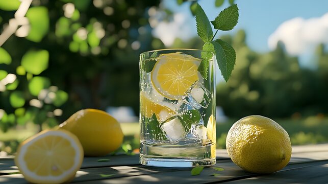 Refreshing lemonade in a glass with ice and mint, surrounded by lemons on a wooden table outdoors. A summery scene. - Powered by Adobe
