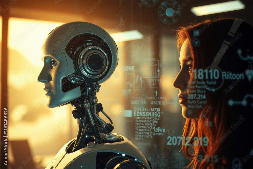 Poster futuristic scene with humanoid robot and woman interacting in high tech environment, showcasing adva