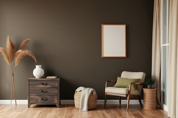 Cozy Living Room with Earthy Tones: A minimalist living room featuring a comfortable armchair, a wooden side table, and a large frame on a deep brown wall. Natural light streams through a window.