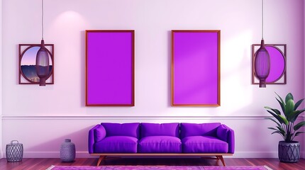 Purple Living Room Mockup: Elegant interior design with vibrant purple accents. Two blank purple frames on the wall above a plush purple sofa provide a perfect mockup for your artwork or design.