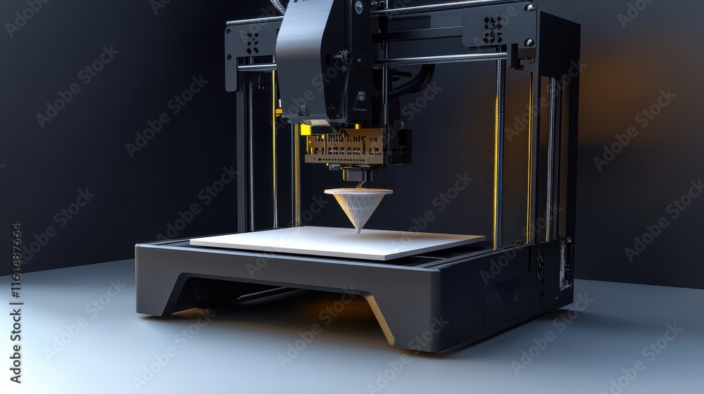 Poster a high-tech black 3d printer in action, showcasing precision and innovation during the printing proc