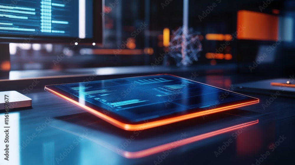 Poster a sleek, illuminated tablet with data analytics displayed, set against a modern tech workspace.