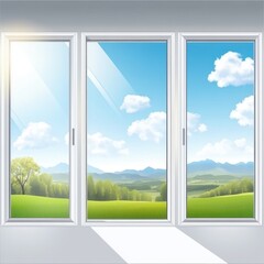 Bright, sunny view through modern window showcasing expansive green fields and mountains.
