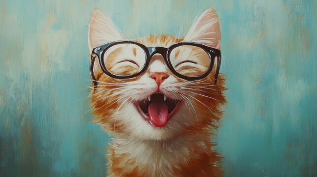 Art painting oil color funny Smiling cute cat , cat wearing glasses , meaow\