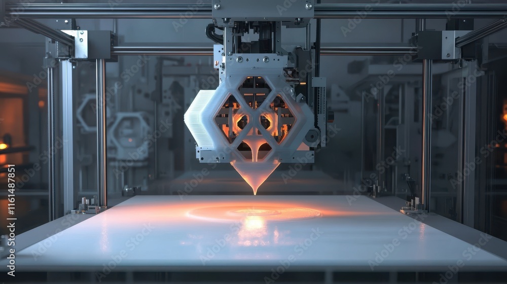 Poster a close-up of an advanced 3d printer creating an intricate design, showcasing technology in action.