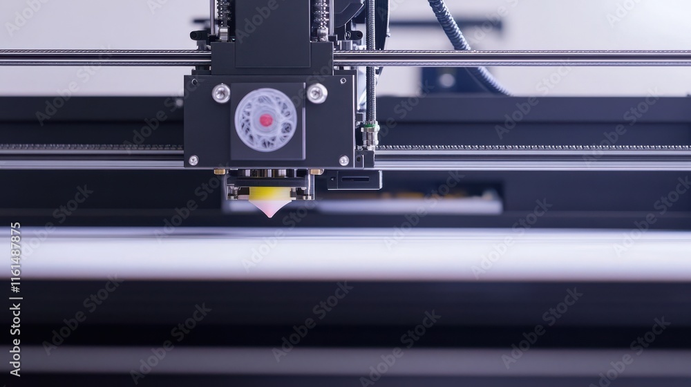 Poster close-up view of a laser cutter in action, creating intricate designs on a sheet of material.