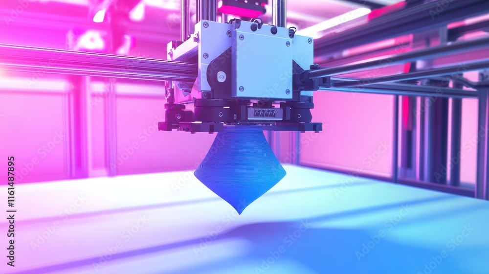 Poster high-tech 3d printer with a blue filament nozzle creating an intricate design in a vibrant, neon-lit