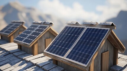 Fototapeta premium Rooftops with solar panels in a serene mountain setting, showcasing sustainable energy solutions.