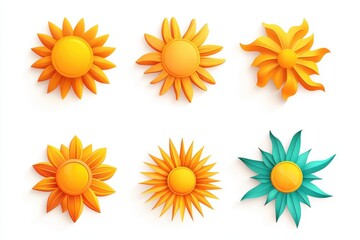 Colorful collection of six stylized sun designs in vibrant orange and teal hues against a white background.