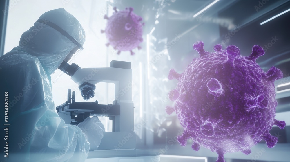 Poster a scientist in protective gear examines a microscope while analyzing viral structures in a high-tech