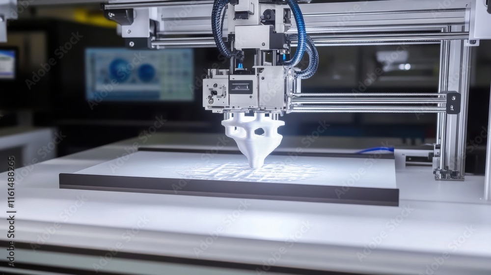 Poster a modern 3d printer in action, showcasing intricate design and advanced technology in a sleek labora