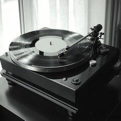 A sleek black turntable playing a vinyl record in a bright room.