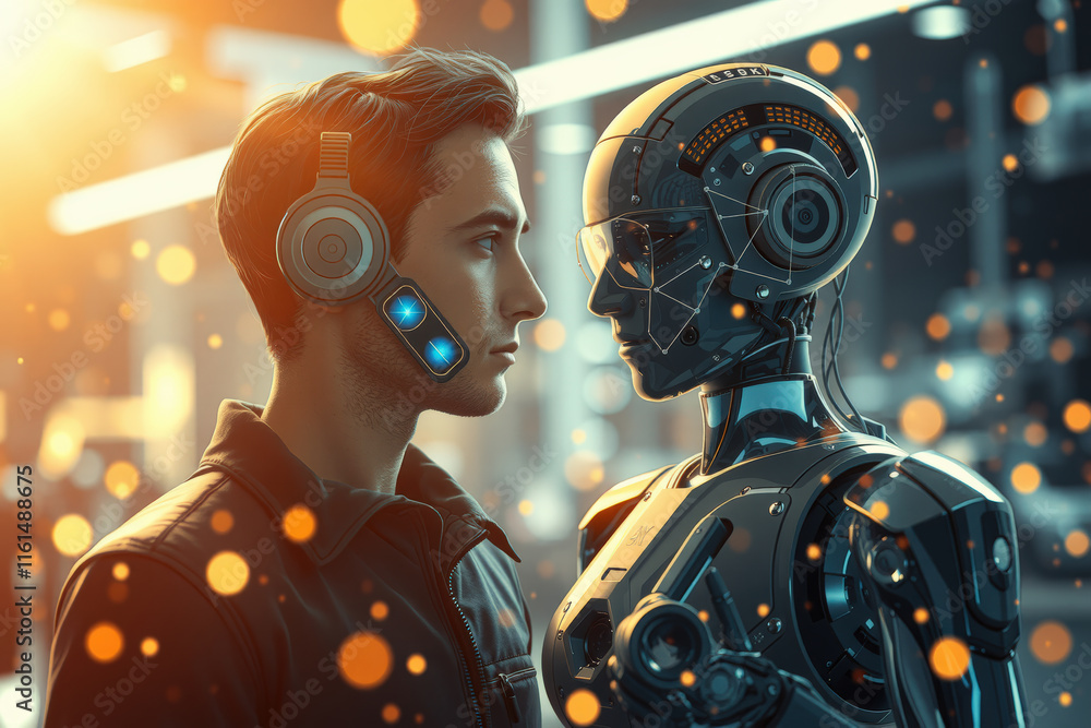 Poster man with futuristic headphones faces humanoid robot in high tech environment, surrounded by glowing 