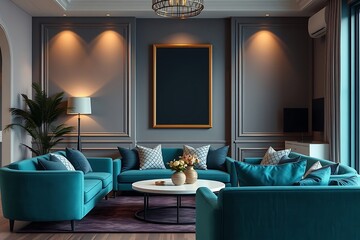 Elegant Living Room Interior: A  sophisticated living room with a luxurious teal sofa, a grand framed picture, and a  chic coffee table, perfect for a modern home.  
