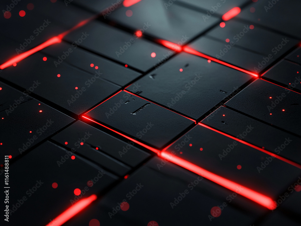 Poster dark futuristic grid with red illuminated lines and abstract glow. gamer background
