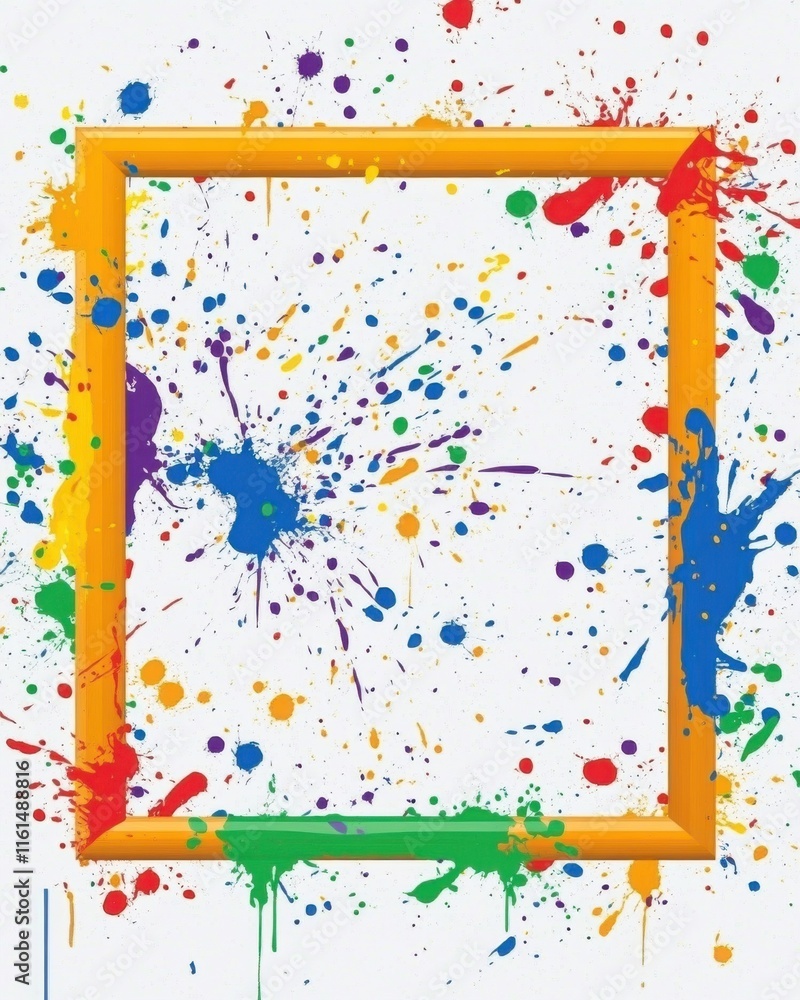 Poster vibrant splash of colors around a wooden frame on a white canvas, creating an artistic and dynamic e