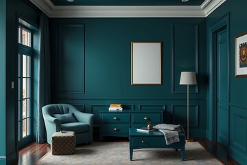 Fototapeta premium Teal Haven: A serene and sophisticated living room interior design featuring a statement teal wall, plush armchair, and a sleek coffee table, creating a calming and inviting atmosphere. 