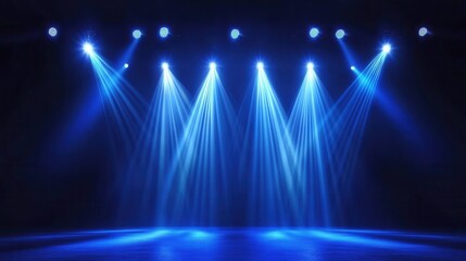 Blue laser light beam stage background for club. Led spotlight show for dance music event. Nightclub lazer rays from strobe for stadium or theater. Abstract realistic bright flash