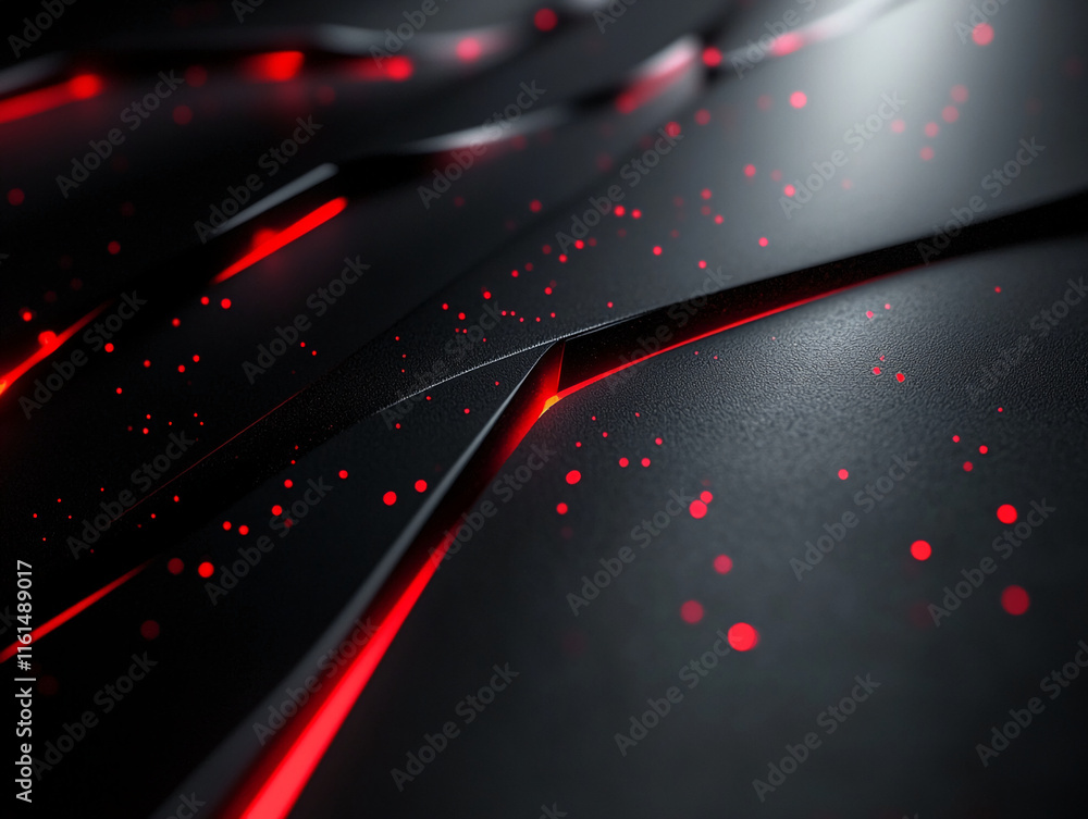 Poster Futuristic Abstract Black Surface with Glowing Red Lines and Dotted Patterns. Gamer background