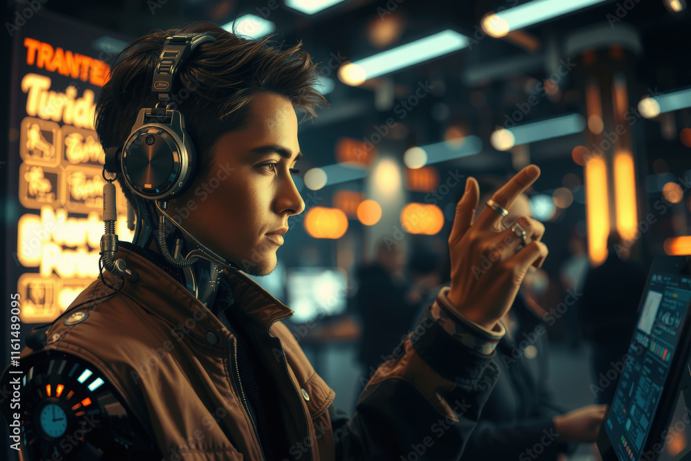 Poster futuristic scene depicts person with cybernetic enhancements interacting with digital interface bust