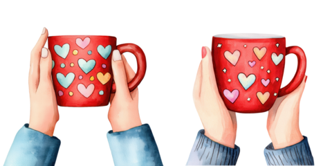 Colorful Heart-Themed Mugs Held by Hands, Celebrating Love and Togetherness with Cute Designs, Ideal for Romantic Occasions and Cozy Moments
